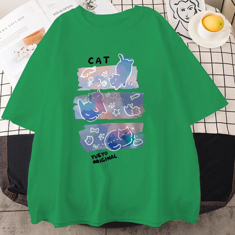 Fun Mischievous Cat Print Japanese Style T-Shirts Men Women Fashion Tshirs Breathable Summer T-Shirts Cotton Loose Tee Clothes