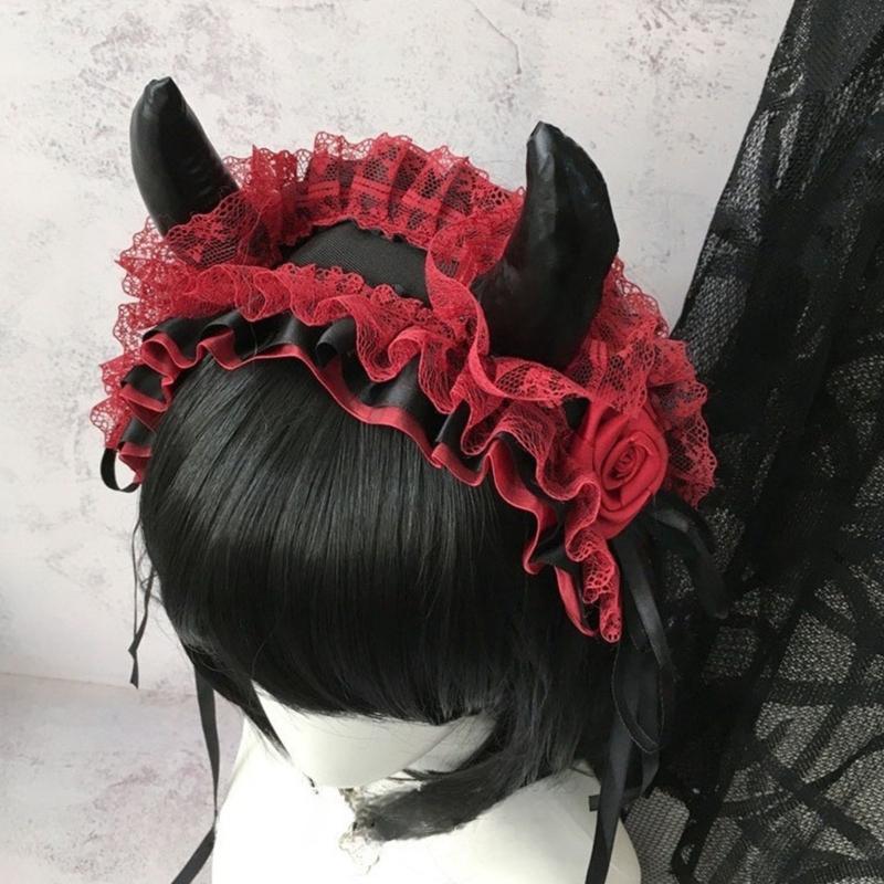 Devil Horn Headband Headpiece Gothic Lace Hairband Gothic Costume Accessories For Women Halloween Cosplay Music Festival