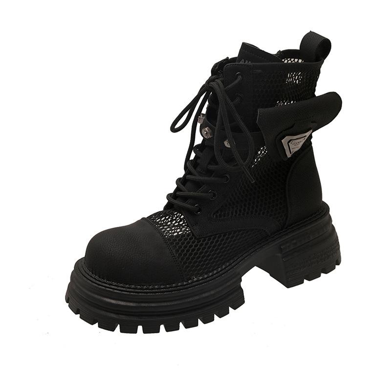 Thick-soled Lace-up Mesh Martin Boots 2025 Summer New Fashionable Versatile Comfortable Hollow Breathable Muffin Bottom Cool Boots