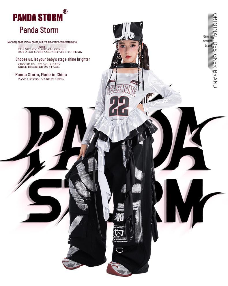 Girls' Trendy Jazz Hip Hop Dance Outfit - Long Sleeve T-shirt & Trousers for Street Dance Performance