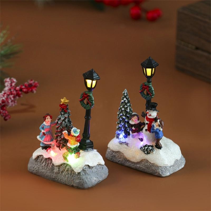 Illuminated Christmas Resin Figurine Ornament with LED Light Glowing Miniature Christmas Tree Resin Table Decorations