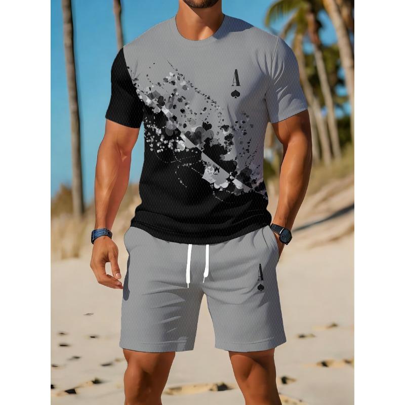 Herren Casual Sportswear Set, Atmungsaktives Outdoor Freizeit Rundhals T-Shirt und Shorts Set, Sommer Digitaldruck Set für Erwachsene