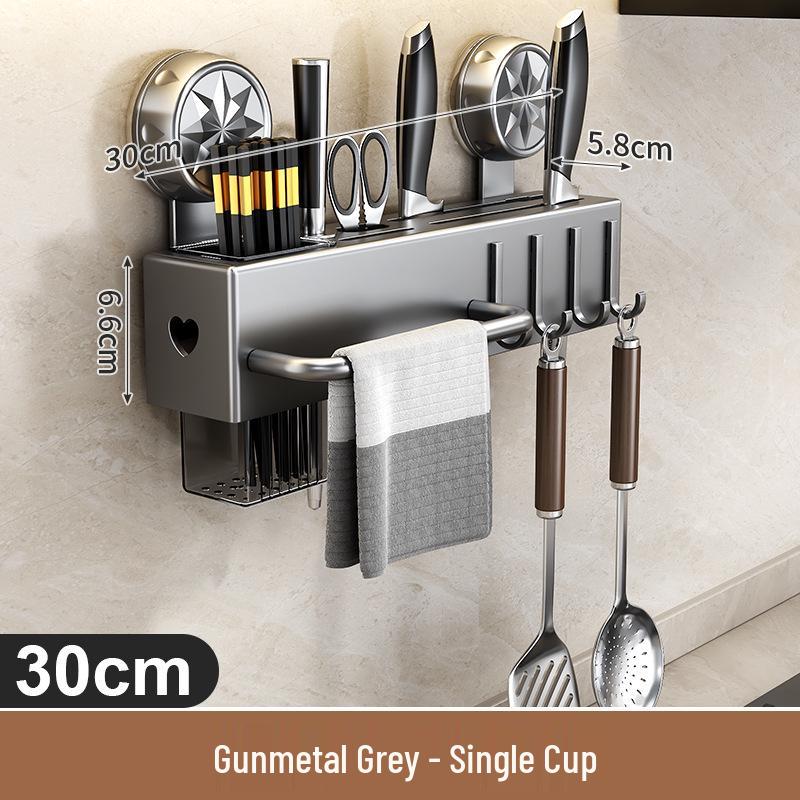 Wall-Mounted No-Drill Suction Cup Kitchen Rack: Multi-Functional Knife & Utensil Holder