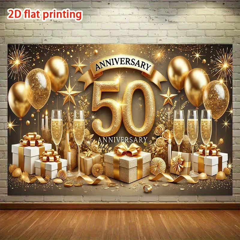 

2D Golden Wedding Backdrop Anniversary Banner with Gift Boxes & Confetti Photo Booth Background 47.2x31.5inch/120*80cm