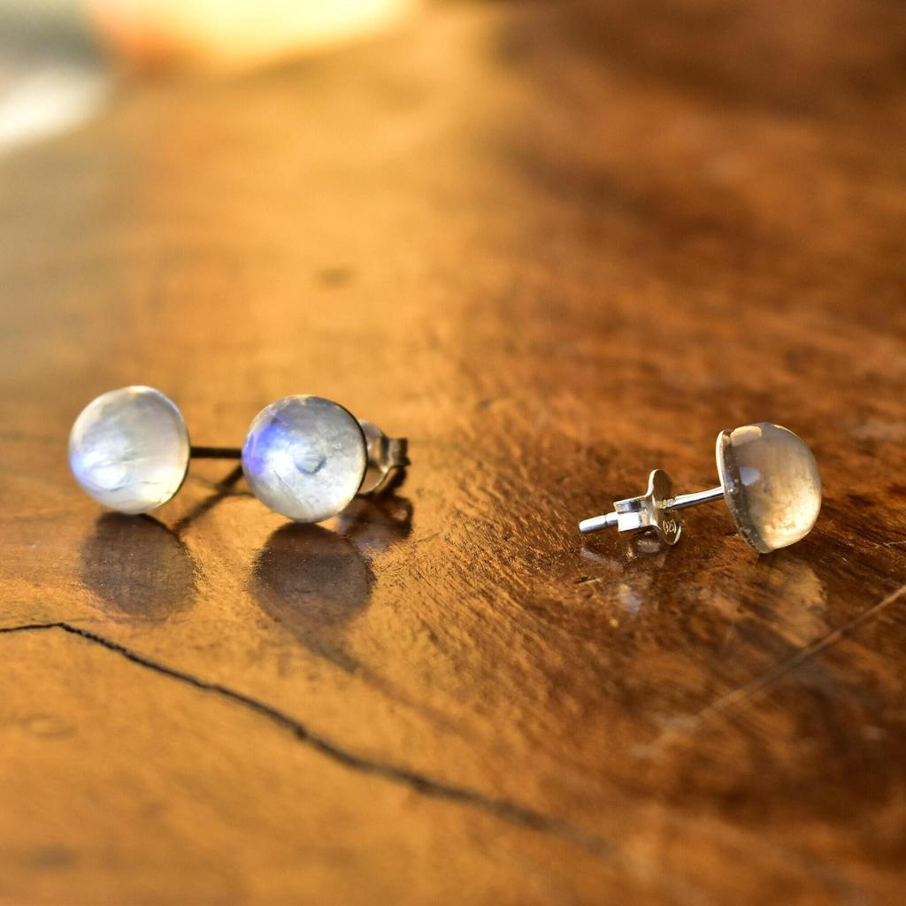 Genuine Moonstone Stud Earrings In Sterling Silver ,  Moonstone Stud , Gift for Mother , Rainbow Moonstone Stud Earrings Celestial Moonstone