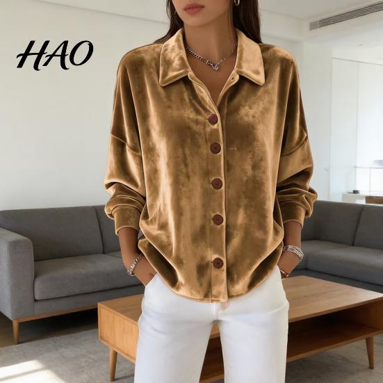 Breathable Women Blouse Shirt Lapel Long Sleeve Velvet Texture Solid Color Tops Loose Fit Buttons Placket Commuter Work Wear Everyday Top