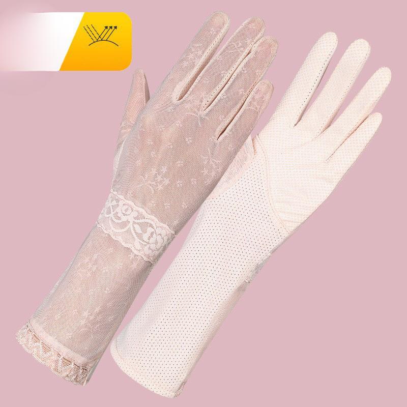 Sun Protection Gloves for Women In Summer Outdoor Driving and Riding Anti UV Touch Screen Anti Slip Medium Length Thin Lace Gloves