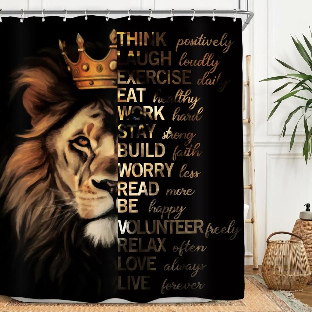Lion Man Shower Curtain Set - Black/Gold Motivational Quotes, Waterproof Masculine Bath Decor Inspirational Male Design