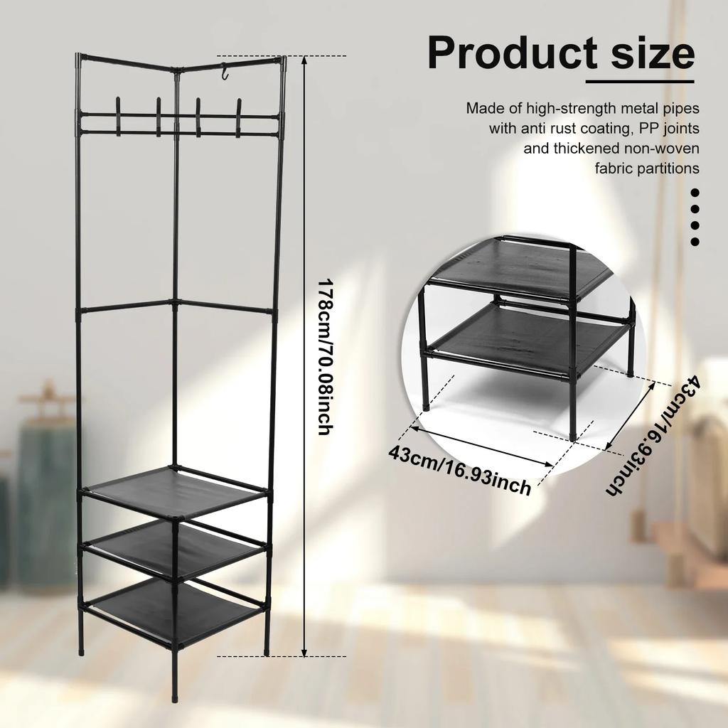 Rohový věšák na oblečení do ložnice Samostatný stojan na kabáty se 3patrovým botníkem, úložným prostorem a 10 pohyblivými háčky Kovový organizér