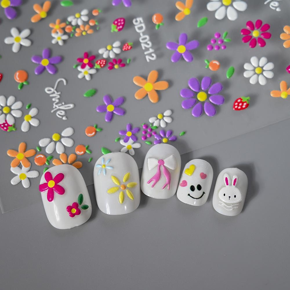 Small Fresh Flower Relief Nail Art Sticker Sweet Daisy Strawberry Flower Three-Dimensional Nail Decorative Sticker