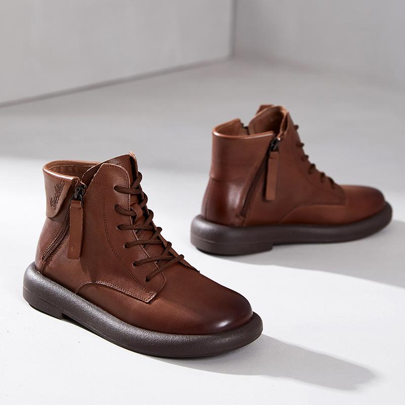 First-layer Cowhide Martin Boots Women's Autumn and Winter 2025 New Flat-bottomed Velvet Double Zipper Cowhide Women's Short Boots