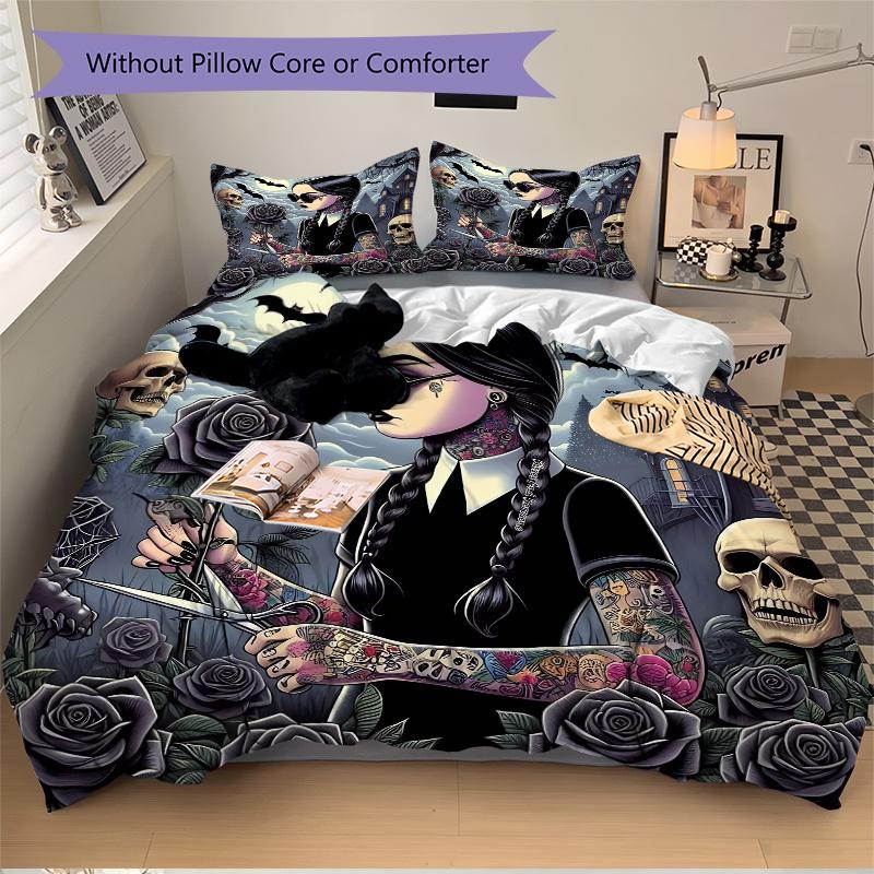 3pcs Addams Dark Rose Printed Bedding Set, Soft and Comfortable Quilt Cover for Bedroom, Guest Room H001