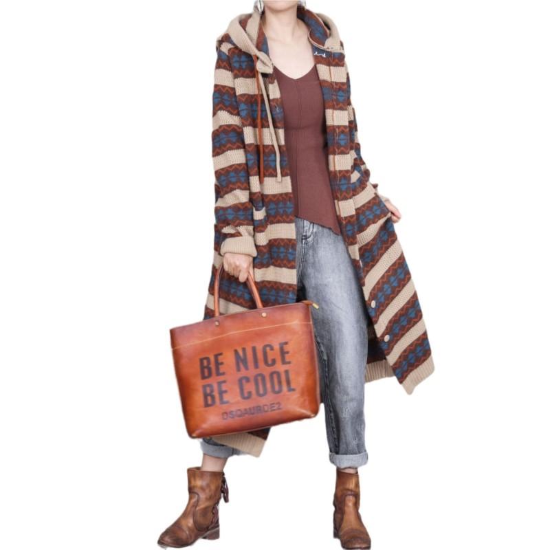 Johnature Vintage Style Contrast Stripe Hooded Casual Knit Coat Woman Autumn Fashion Long Sleeves Chinese Style Coat