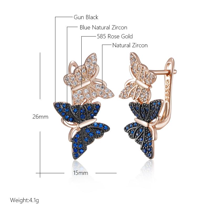 Kinel Hot Blue Natural Zircon Two Butterfly Drop Earrings For Women 585 Rose Gold and Black Plating Animal Daily Punk Jewelry
