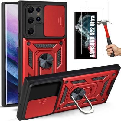 Protective Case - PROSHOP - for Samsung S22 Ultra - Red - Army - with 2 Tempered Glass