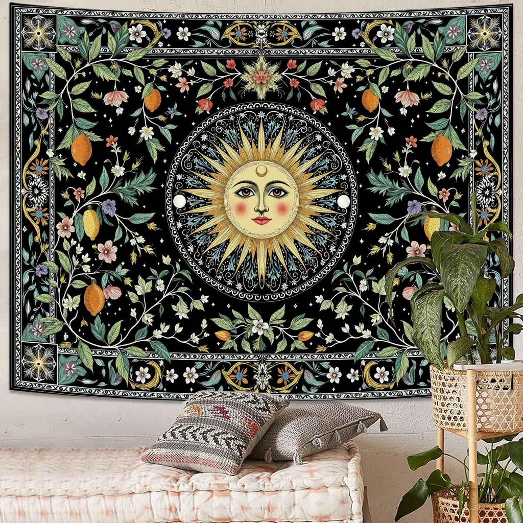 Mystical Moon Phase Butterfly Tapestry, Floral & Celestial Print with Wildflowers, Wall Decor for Nature & Witchy Rooms