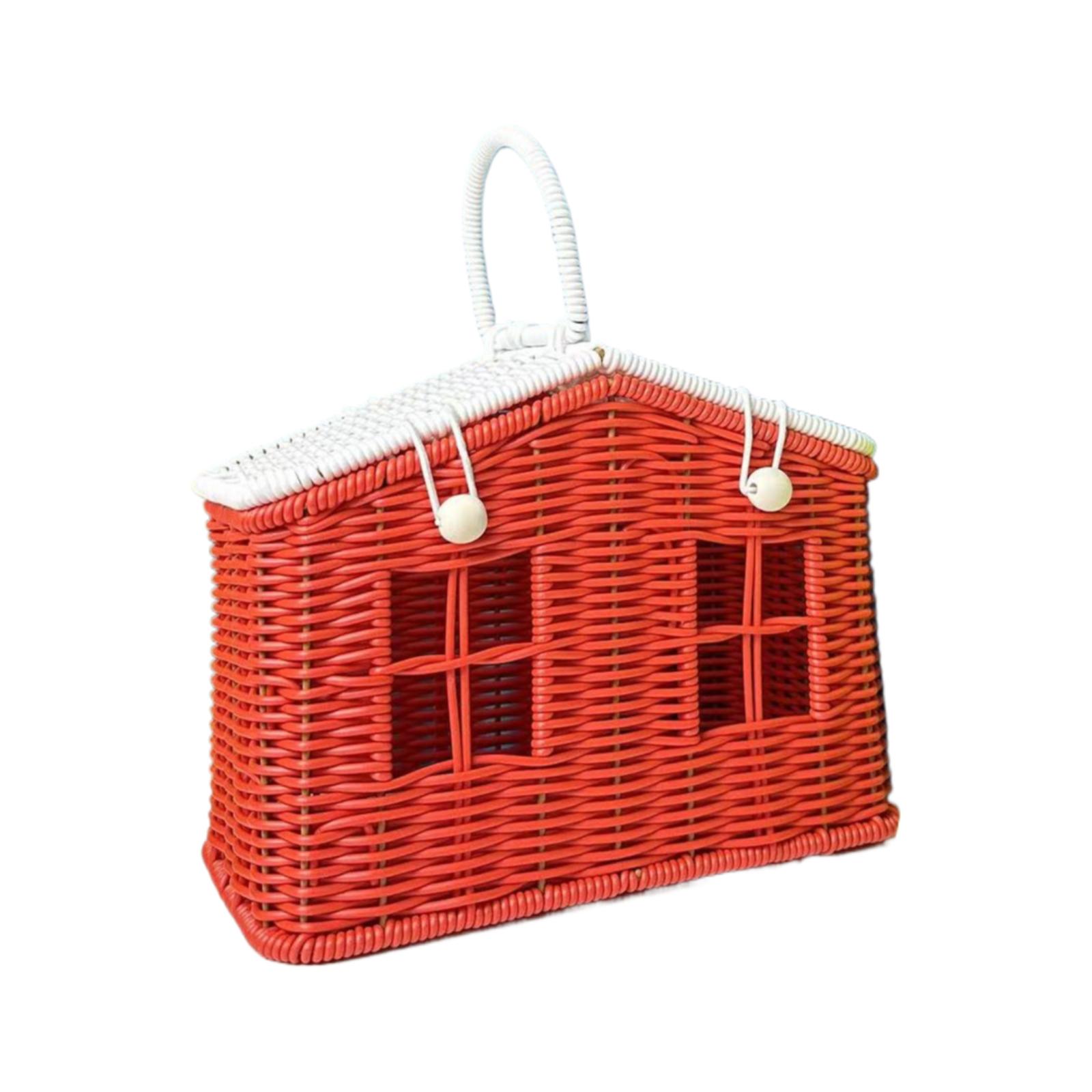 

This Plastic Rattan House-shaped Basket, With A Lid And Folding Handle, Is Perfect For Picnics, Easter, Tidying Up, And Other Occasions.