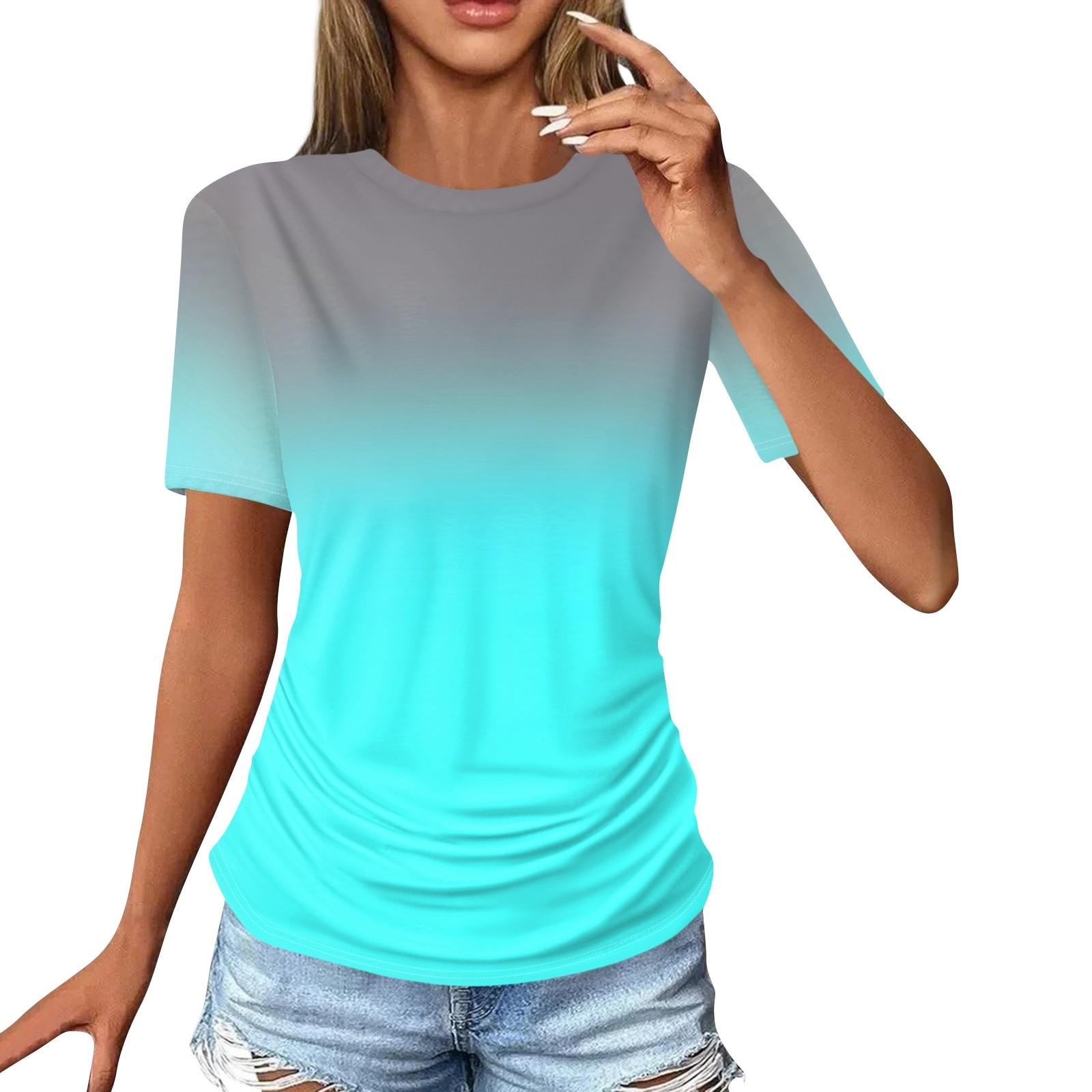 

Жіночі футболки Модні повсякденні топи з круглим вирізом і короткими рукавами. Туніка з принтом L ціан