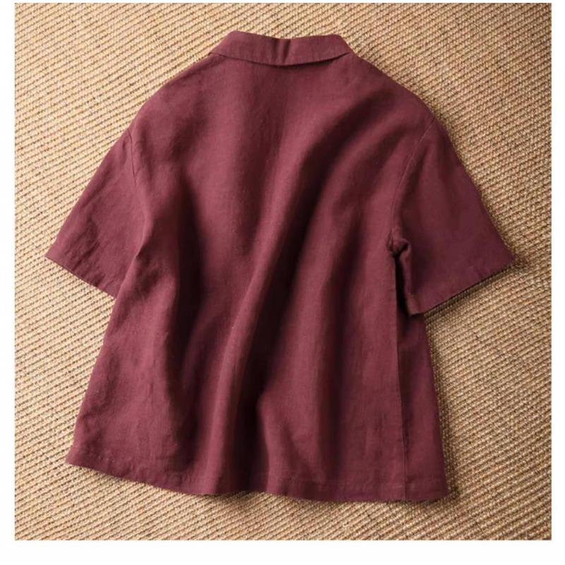 Zomer Linnen Dunne Stijl Effen Kleur Retro Korte Mouw Shirt Top Dames Pakkraag Kort Model Kleine Veelzijdige Blouses & Shirts