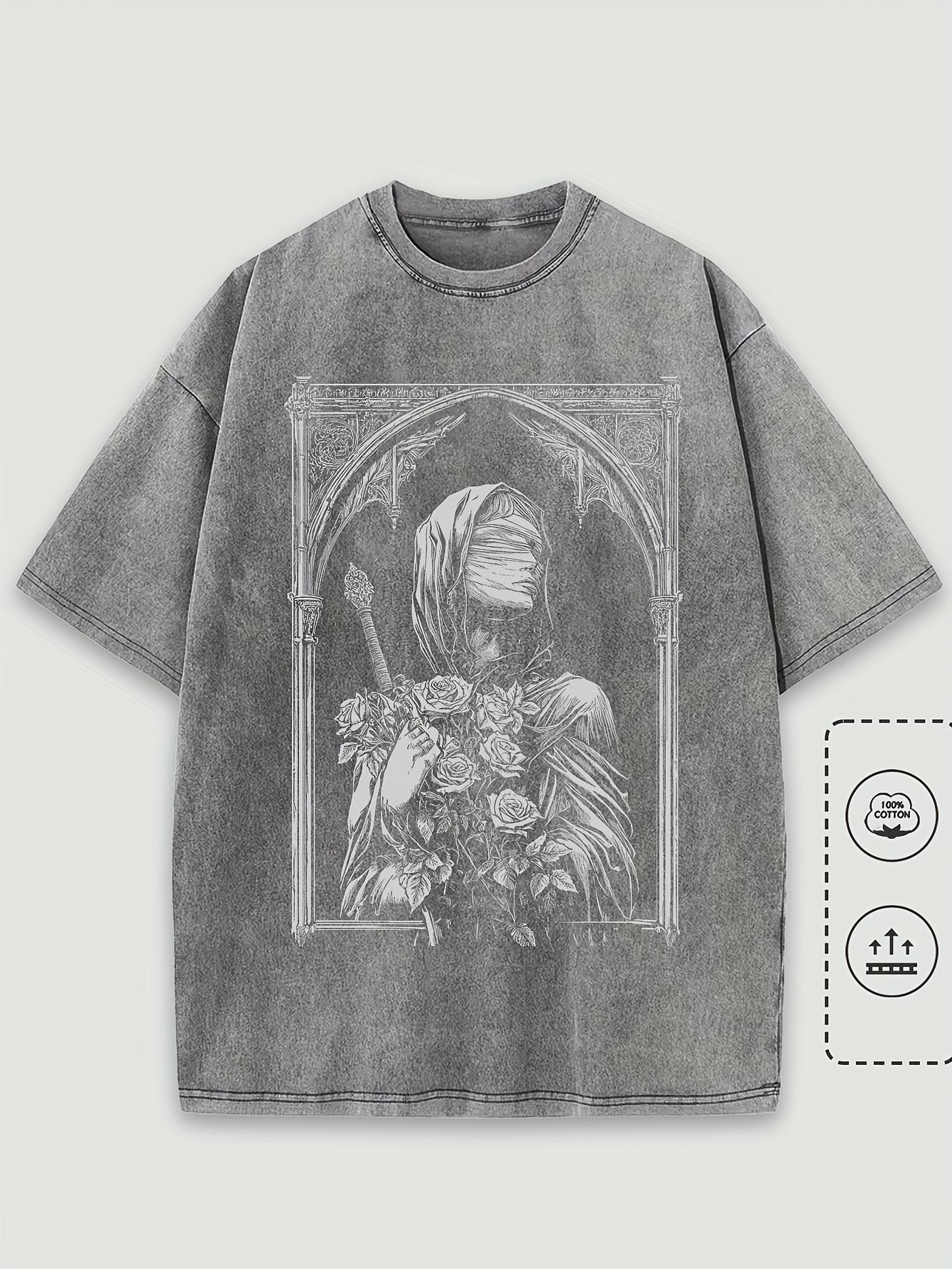 

Washed TShirt Cotton Mens Gothic Architecture Gothic Woman Face Graphic Oversized Streetwear Tee Round Neck Short Sleeve S