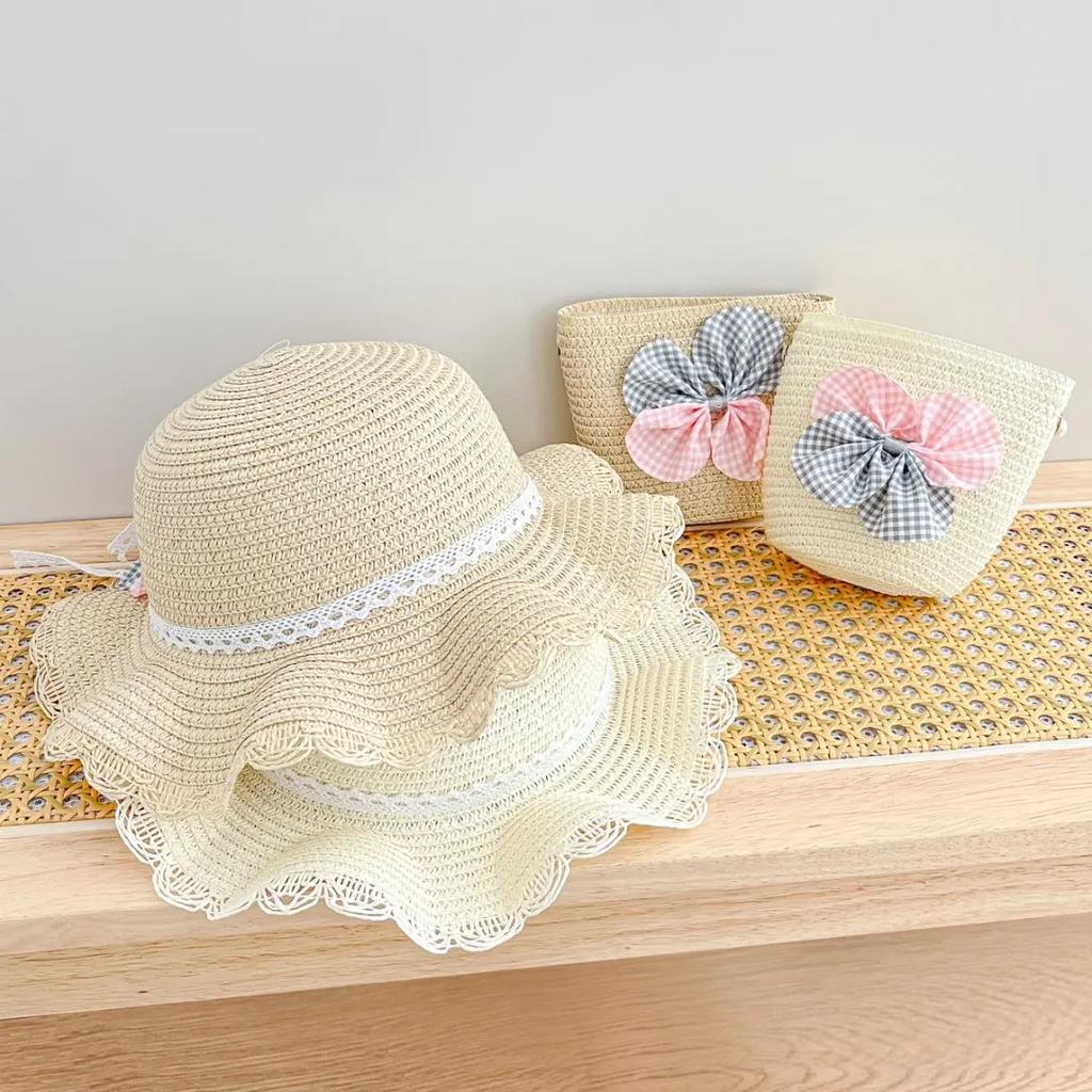 2pcs set Straw Hat And Shoulder Bag Girls Princess Summer Outdoor Fisherman Hats Baby Kids Lace Bowknot Beach Sun Cap Visor