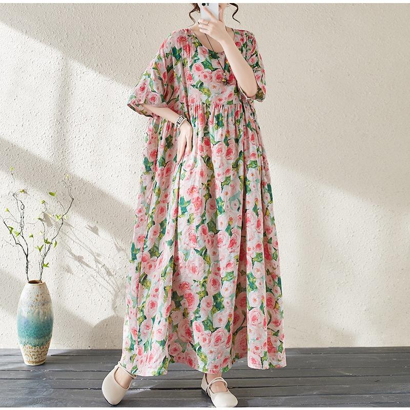 Dimanaf Women Dress Summer Plus Size Beach Sundress Linen Bohemian Print Flowers Fashion Lady Vestidos Loose Casual Long Dress Oversize 9079