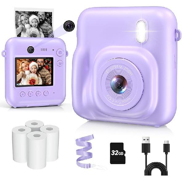 Kids Camera Instant Print, Dual-Lens 48MP Digital Camera for Christmas Birthday Gifts, 1080P Selfie Instant Cameras for Kids with 32GB Card, Instant