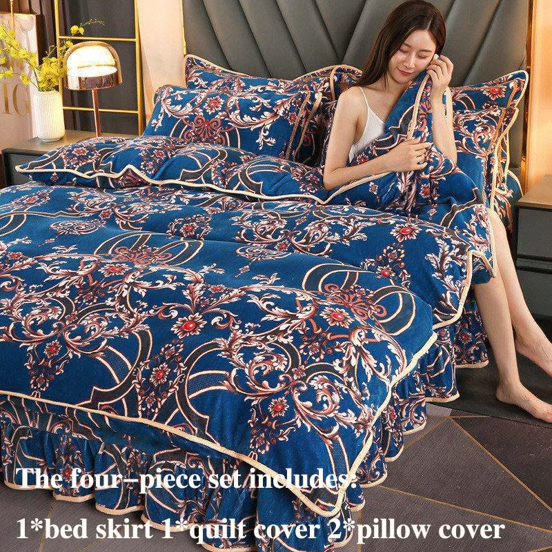 

Зимняя толстая молочно-бархатная четырехсекционная юбка-кровать плюс бархатный теплый двусторонний бархатный пододеяльник, комплект постельного белья Queen