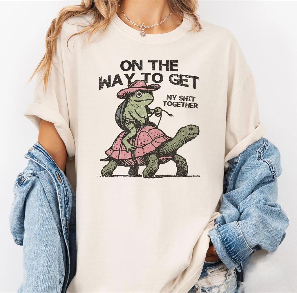 Womens Plus Size Retro Funny Turtle Frog Tshirt Pure Cotton Breathable Fashionable and Versatile Unisex Oversized