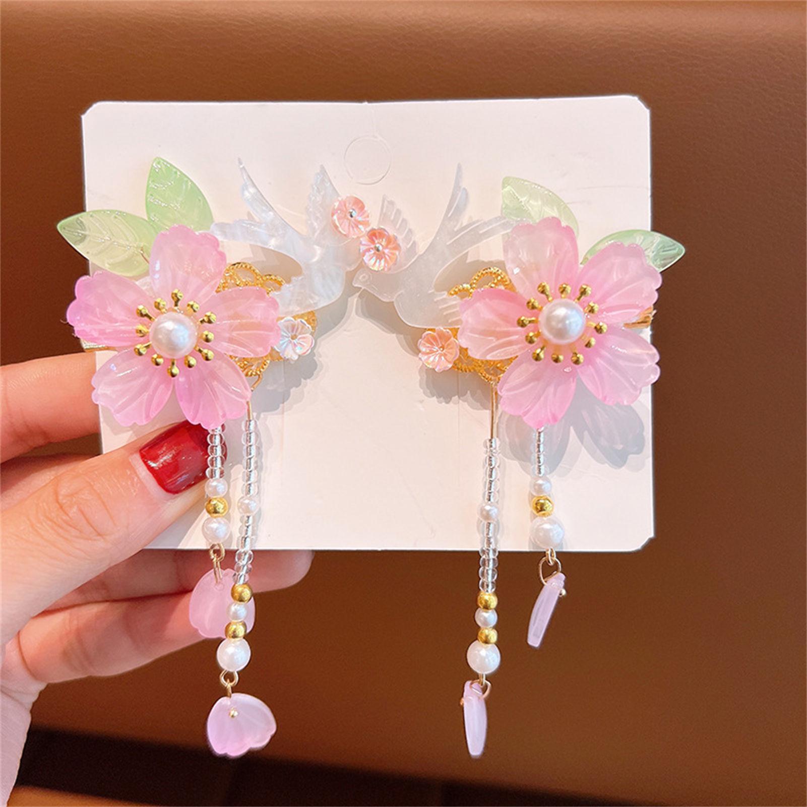 

1 Pair Ancient Flowers Hair Pins Pink Resin Flower Hair Clips Crystal like Blossom Hairpins for Women Girls Hair Accessories