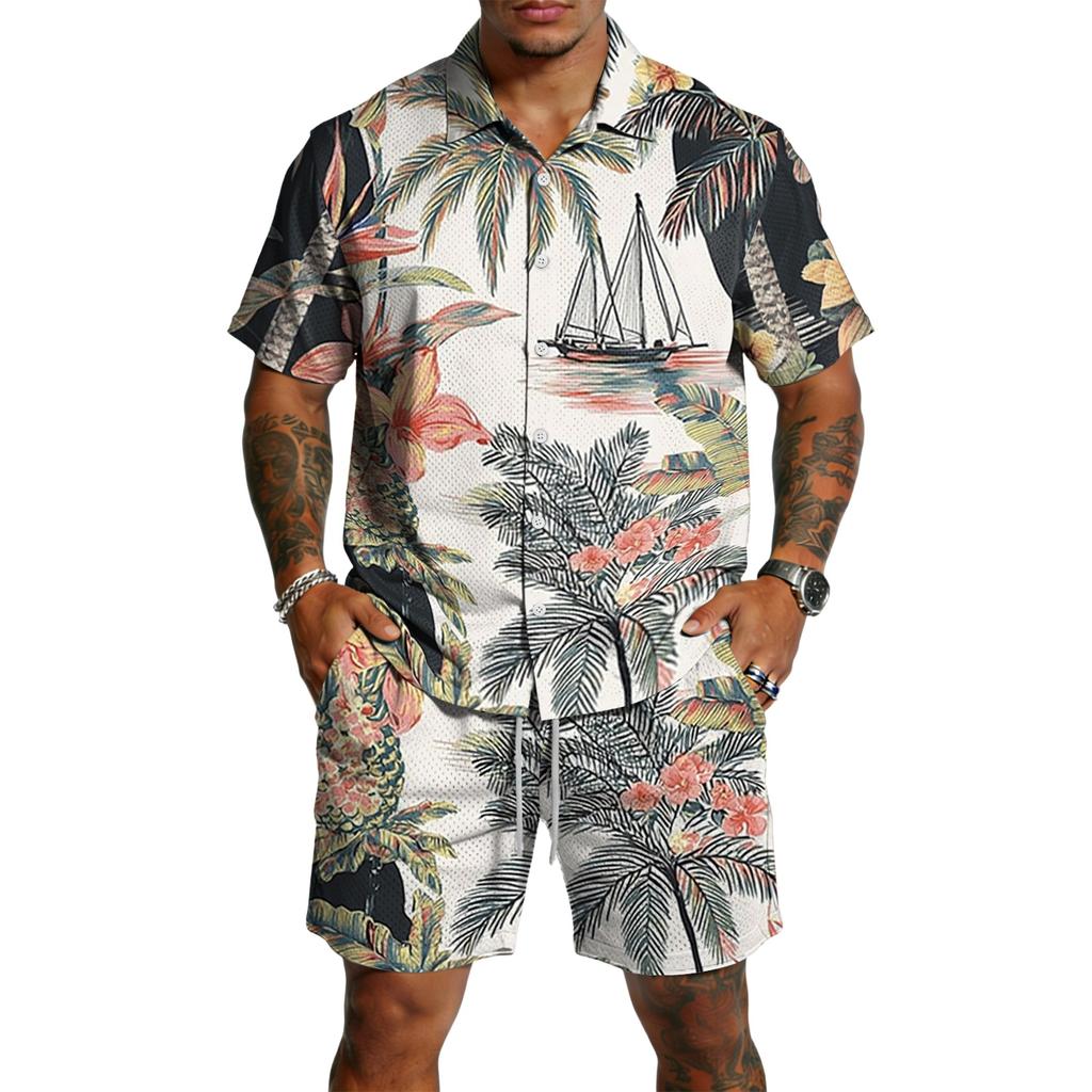 Men's Casual Printed Top and Drawstring Shorts Set Lightweight Breathable Set for Summer
