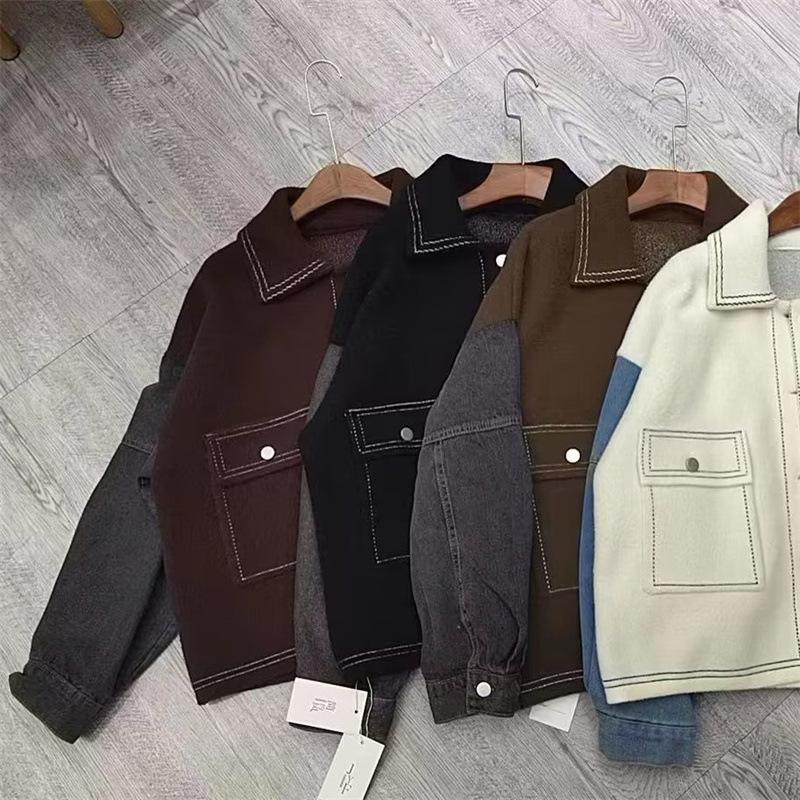 Denim spliced woolen jacket women's 2025 autumn new outer wear short loose knitted cardigan women's fashion top