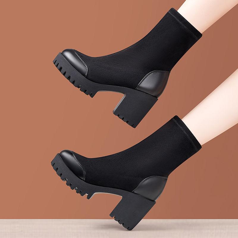 8cm 10cm Small Size 33-43 Flexible Stretch Boots Women's Platform Shoes Fall Winter 2025 Block High Heels Ankle Boots with Fur