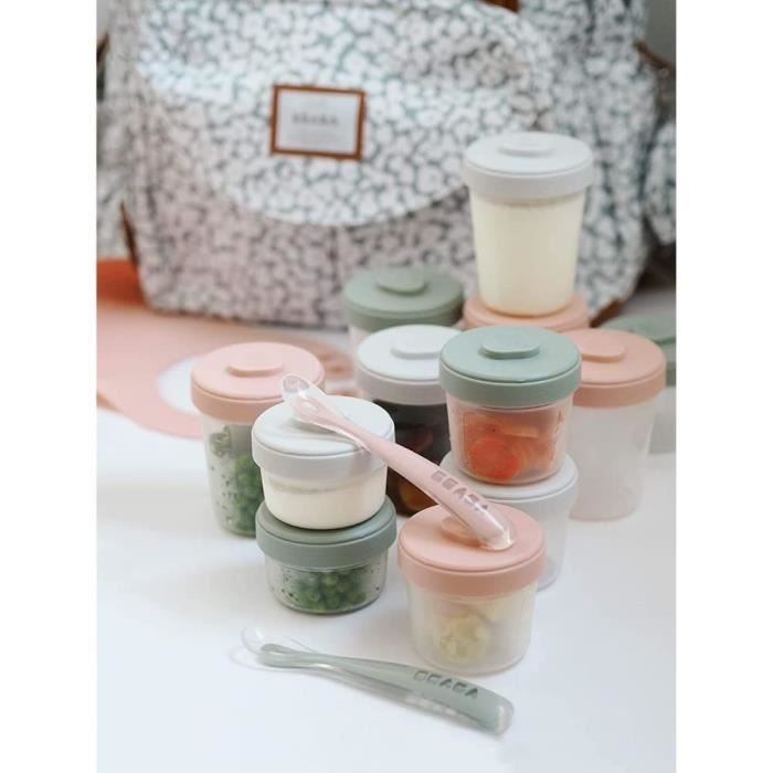 BÉABA - Set 12 Food Storage Portions and 2 Silicone Spoons - First Meal Pack - Eucalyptus