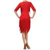 Ladies Glittery Rhinestone Tassel Dress Mesh Patchwork Short Sleeve Irregular Hem Fringe Latin Tango Chacha Dance Dress