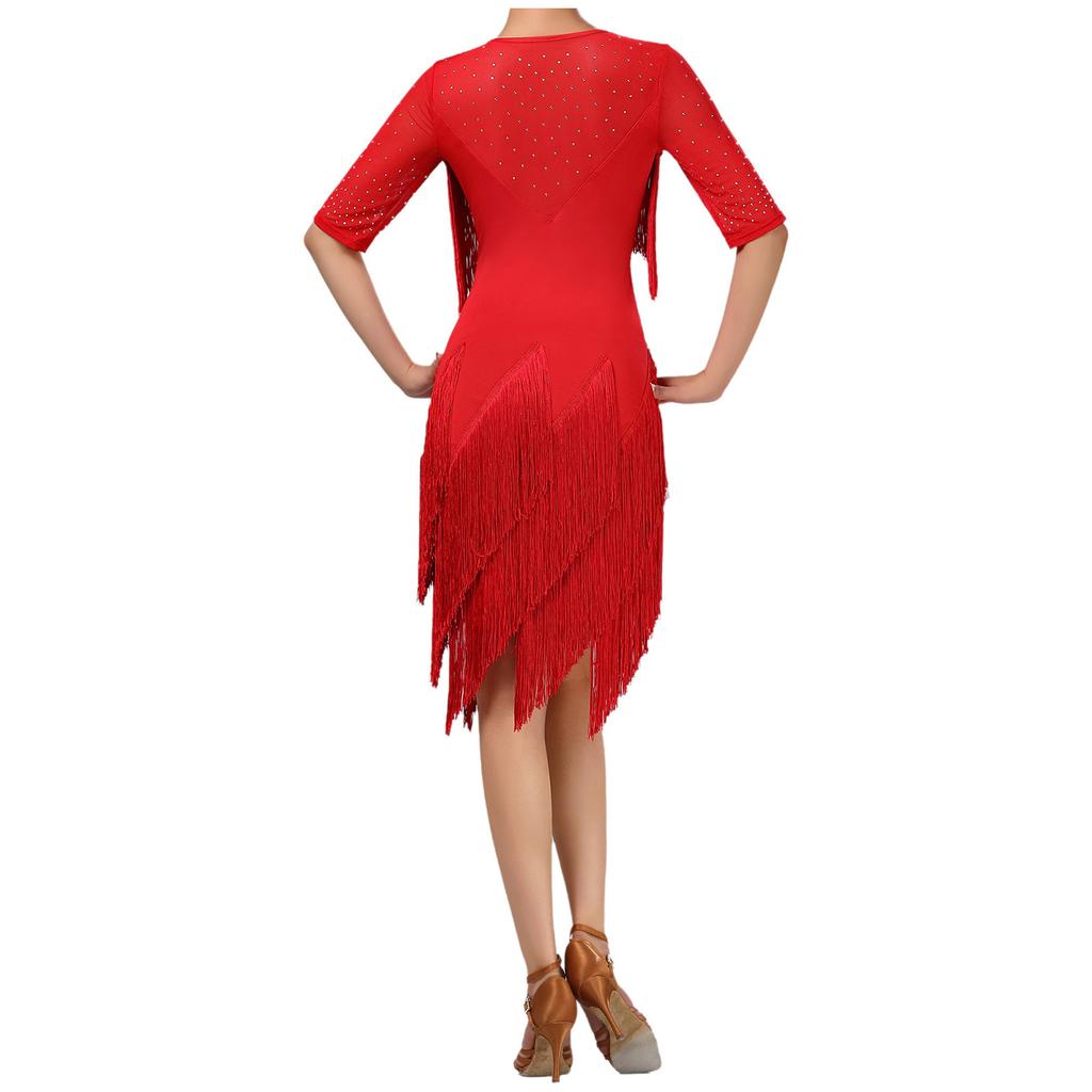 Ladies Glittery Rhinestone Tassel Dress Mesh Patchwork Short Sleeve Irregular Hem Fringe Latin Tango Chacha Dance Dress