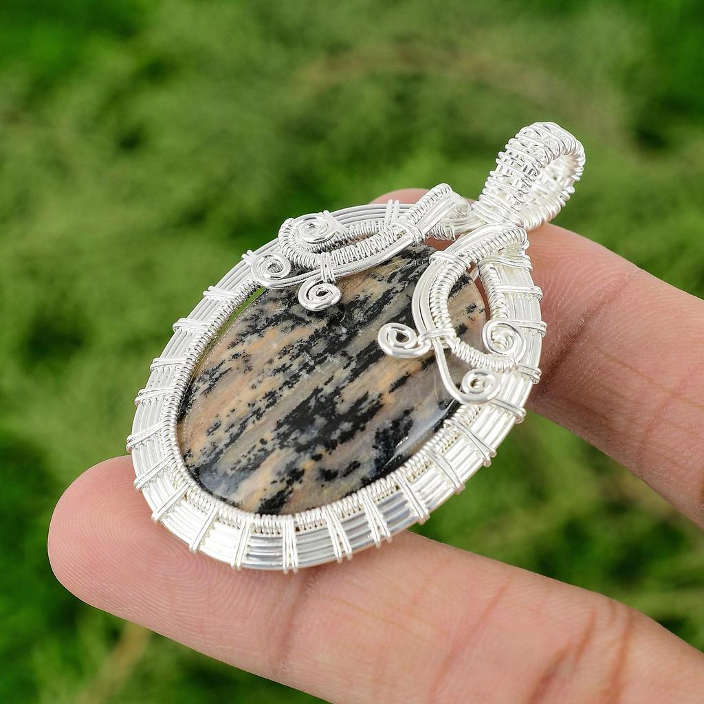 Sterling Silver Honey Dendrite Opal Gemstone Wire Wrapped Mother Pendant Jewelry