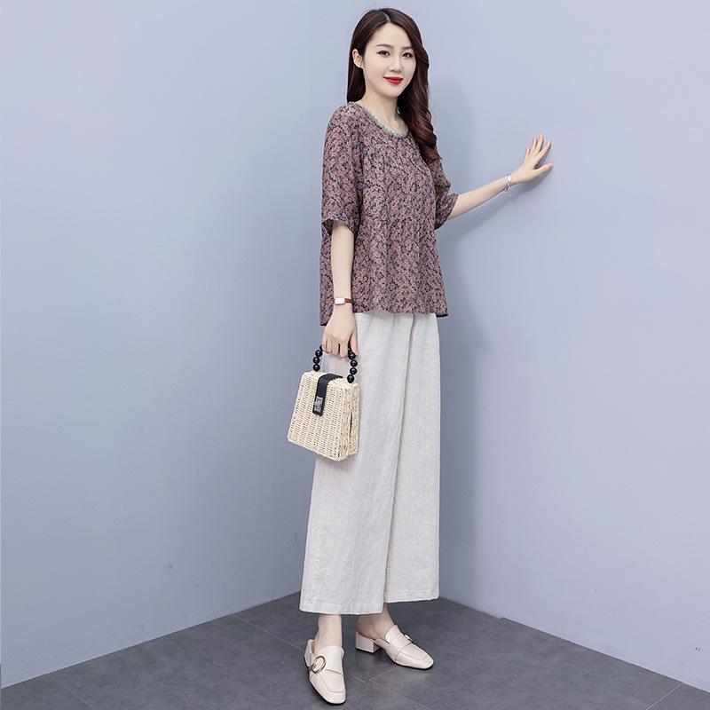 

Женский летний комплект из двух предметов из рами большого размера с цветочным принтом - Новый повседневный стиль 2025 года для мам среднего возраста XL