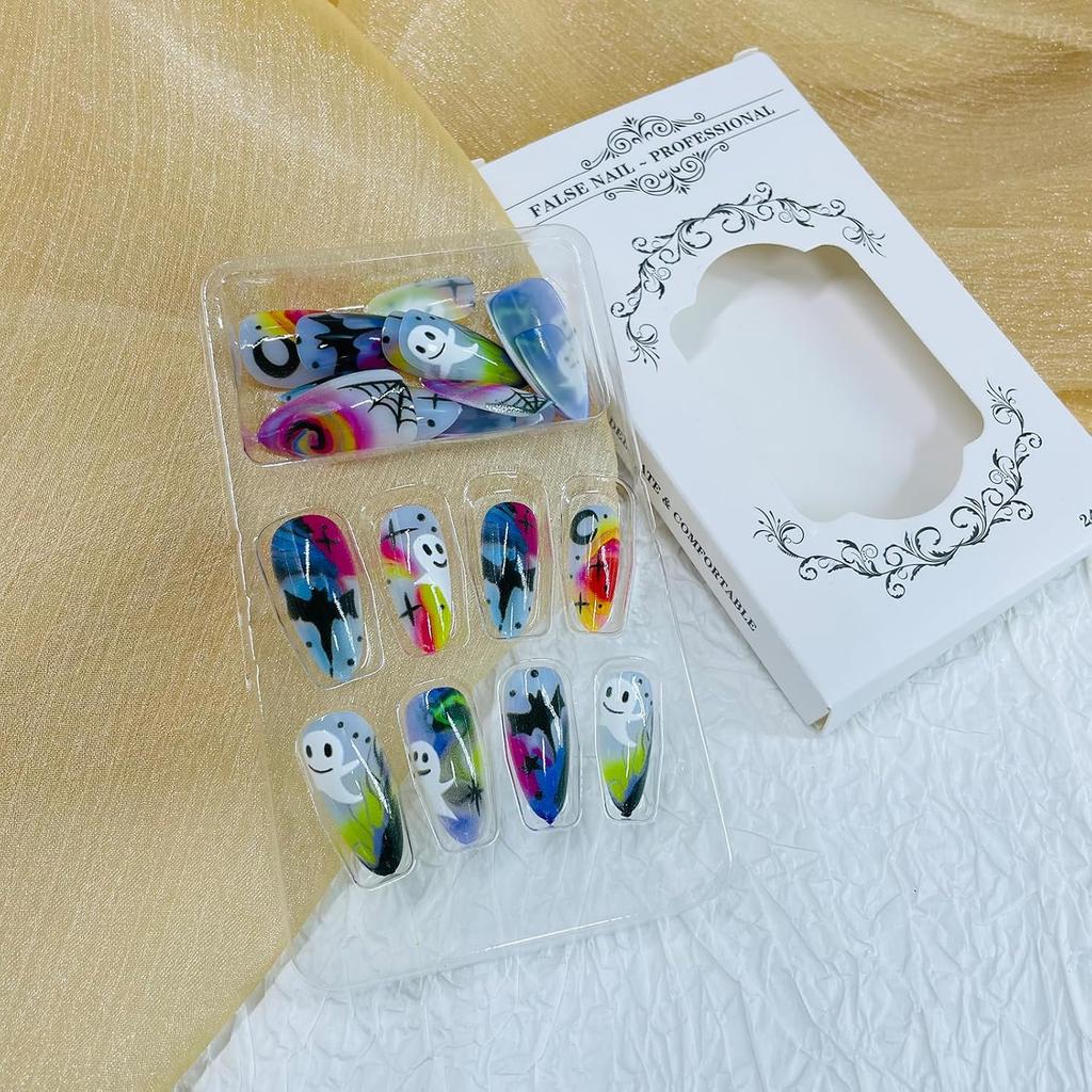 Halloween Press on Nails Medium Almond Fake Nails with Designs Cute Ghost Stick on Nails Rainbow Swirl False Nails Bat Acrylic Nails Cobweb