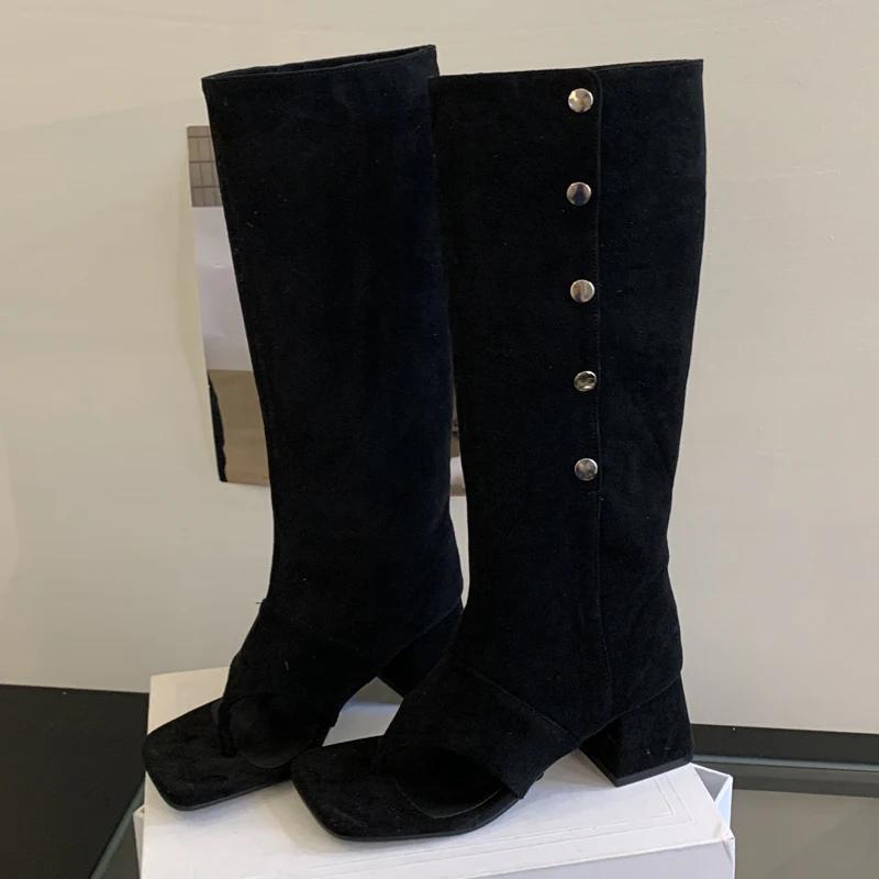 Eilyken Autumn Fashion Square Clip Toe Women Knee High Boots Sandals Square Low Heels Buckle Strap Vintage Shoes Long Botas