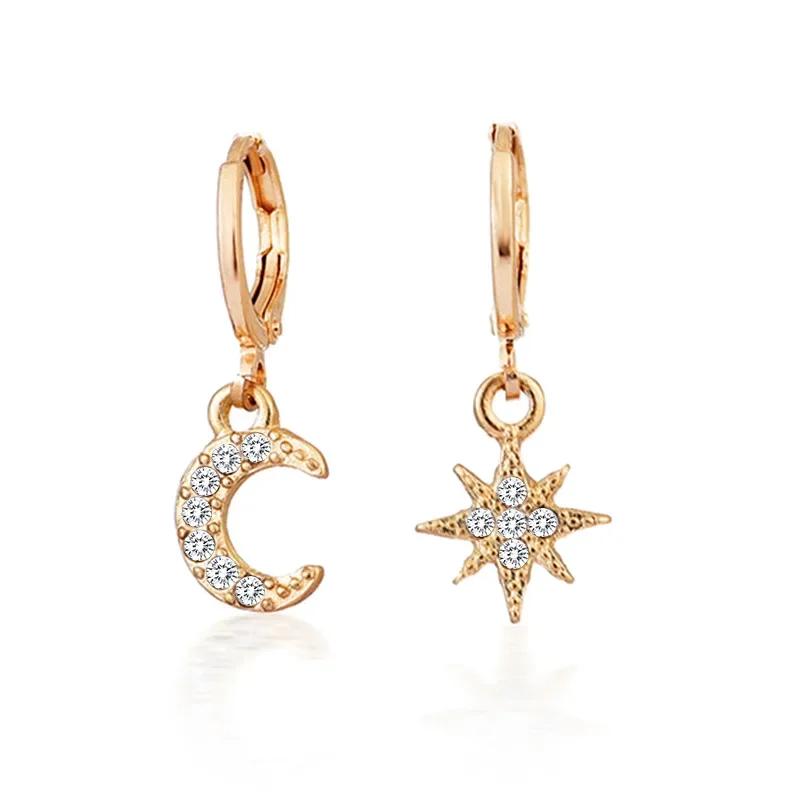 Vintage Classic Sun Moon Earrings Women Dangle Earrings Asymmetric Earrings of Star and Moon Female Korean Zircon