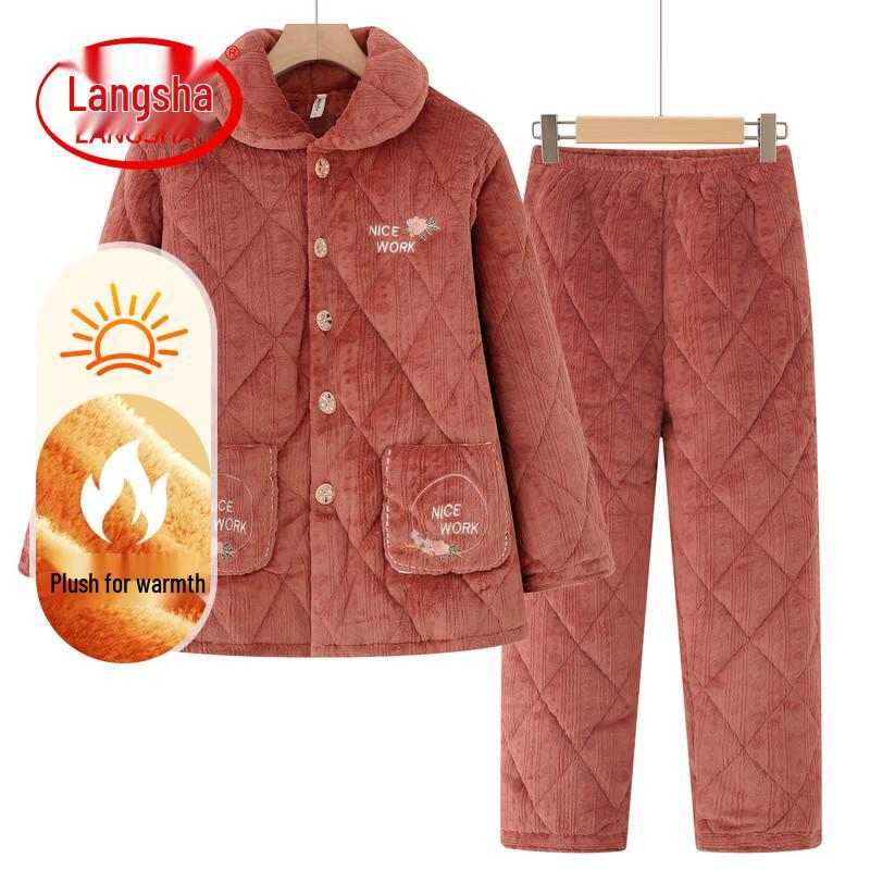 Langsha Elderly Women's Thickened Coral Fleece Pajama Set