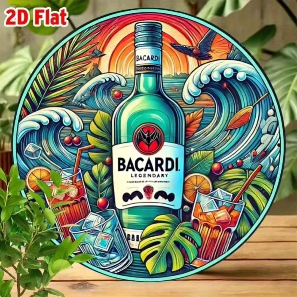 Vintage Bacardi Metallwandkunst Rund 7,8 Zoll Bar Heimdekor 2D Flaches Aluminiumschild