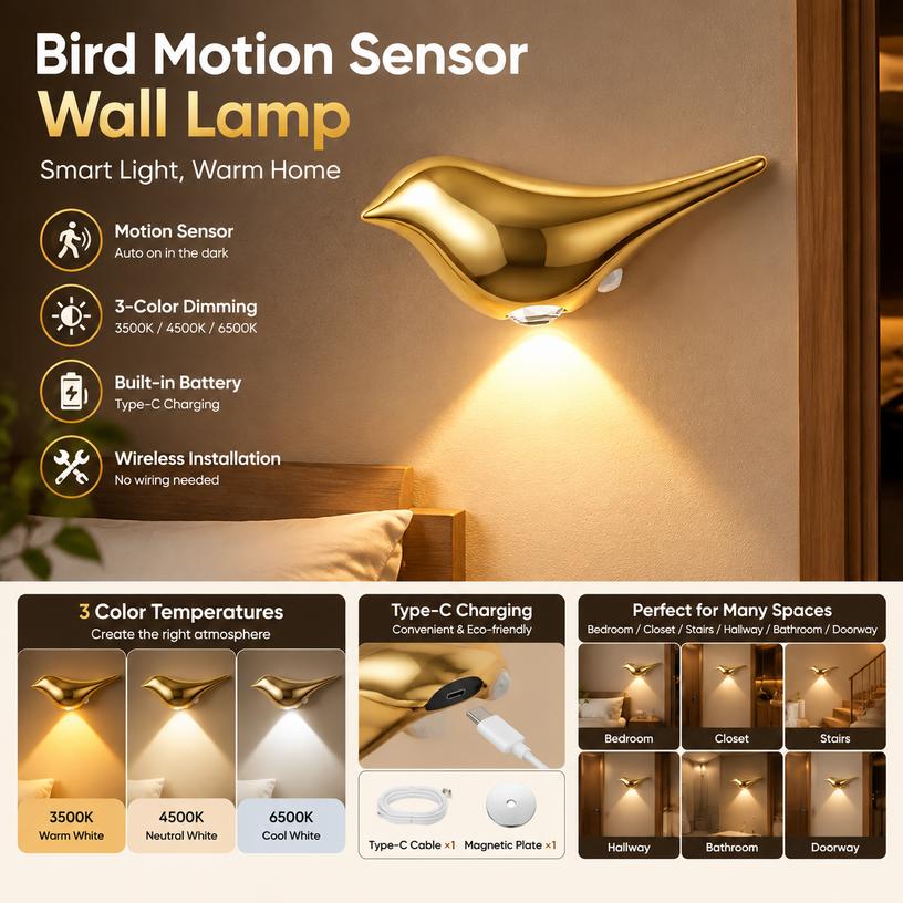 Light Luxury Bird-Shaped Motion Sensor Wall Lamp, Type-C Rechargeable, 3-Color Dimming