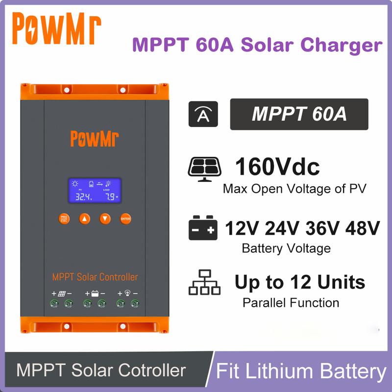 PowMr 60A MPPT Solar Charge Controller 12V/24V/36V/48V Max Solar Panel PV 160V Parallel Max 12 Units Fit Lithium Battery RV Home 12V 24V 36V 48V