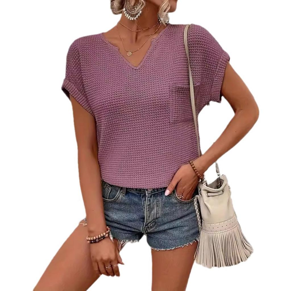 Women Summer Short Sleeve Waffle Knit Solid Color Pullover T Shirt  Top