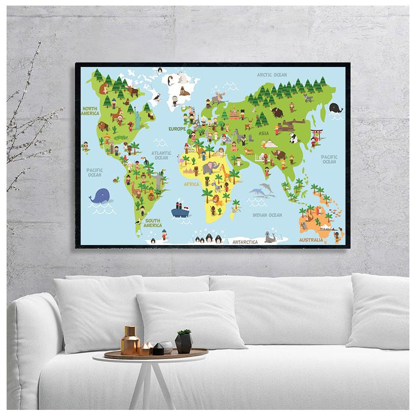Sea Life Continents Animal World Map Picture Children Poster Nursery Wall Art Canvas Print Painting Baby Kids Bedroom Decoration