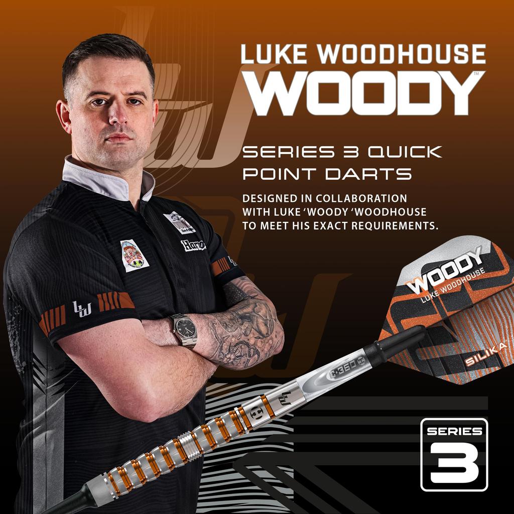Harrows Luke Woodhouse Woody Series 3 soft tip darts 18g with C-360 shafts and silica flights