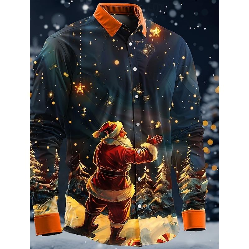 Christmas Santa Claus Casual Men's Button Up Shirt Long Sleeve Christmas theme Shirt Collar Button Up 3D Print Thin Polyester