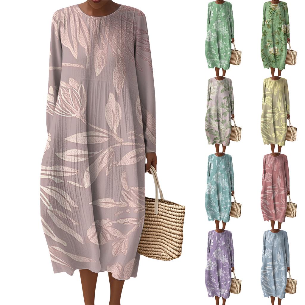 Women's Fashionable Casual Long-Sleeved Round Neck Floral Print Zipper Dress